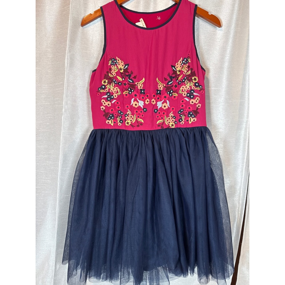 Miami Embroidered Floral Dress‎ Navy Blue Tulle Skirt Sleeveless Party Mini S